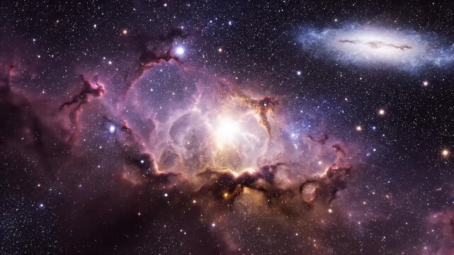 A breathtaking view of a vibrant nebula and distant galaxy, showcasing the beauty and vastness of deep space.