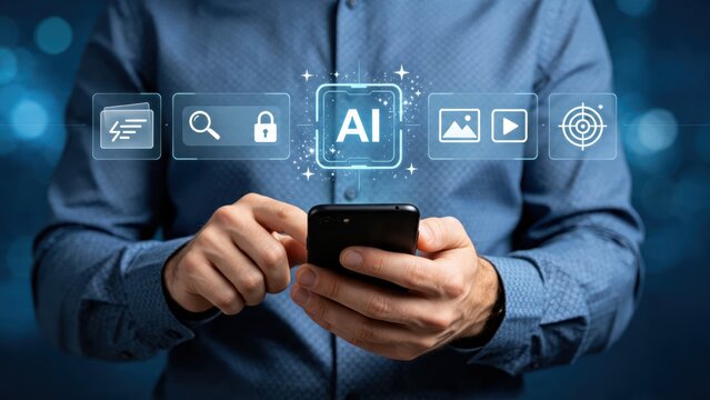 Man holding smartphone with floating artificial intelligence icons representing search security media and targeting features for mobile app technology and digital innovation