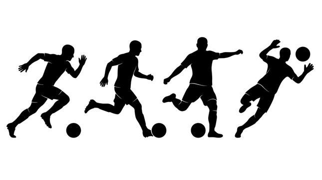 Sequence of dynamic silhouette soccer players in action during a match on a sunny field.
