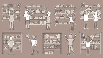 People browsing and selecting books from bookshelves in a library or bookstore. © Yann
