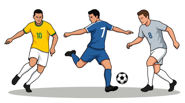 Three Soccer Players Compete for the Ball in Action Across the Field.