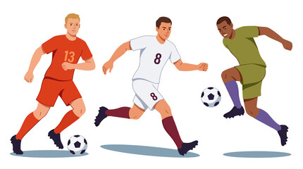 Fototapeta premium Three Soccer Players in Action Across the Field Afternoon Match.