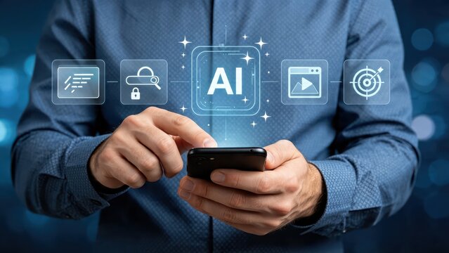 Man holding smartphone with artificial intelligence AI chip icon and connected cloud computing symbols, mobile app development, machine learning, automation