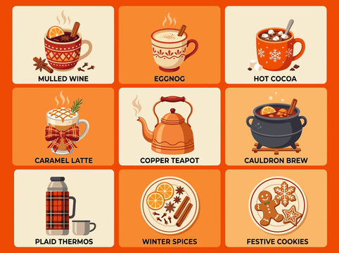 A collection of festive winter drinks and treats including mulled wine, eggnog, hot cocoa, caramel latte, spices, and cookies