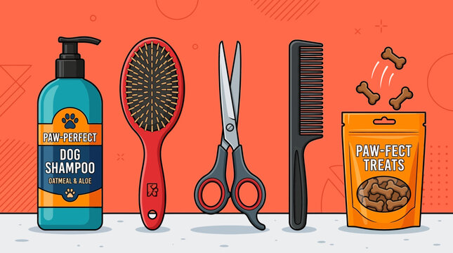 A colorful illustration of professional hair grooming tools including scissors, a comb, and a brush