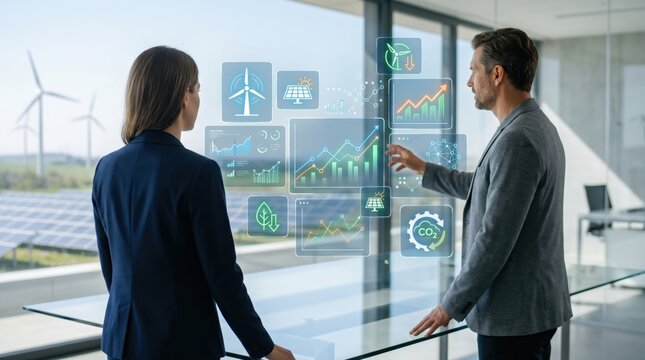 Business team analyzing renewable energy data on glass wall, wind turbines and solar panels background, sustainable development charts, green technology investment strategy meeting