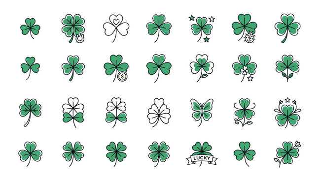 Green shamrock and four leaf clover luck icons in linear style