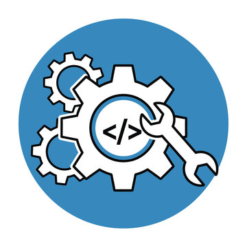 Gear and wrench tools with code symbols on blue background for web development