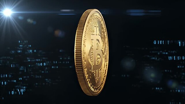 A detailed rendering of a Bitcoin cryptocurrency coin is displayed against a dark, digital background with a bright lens flare.