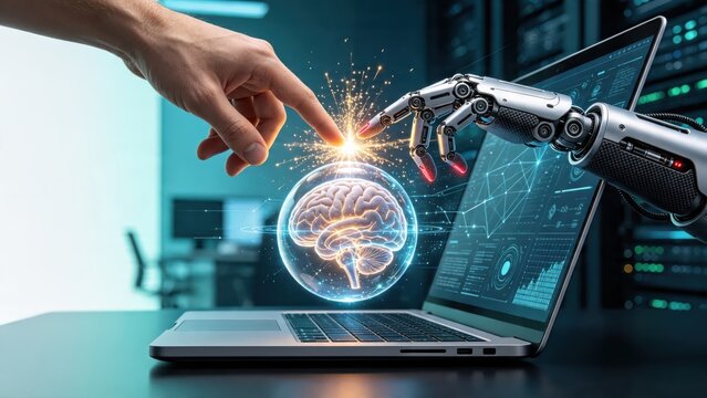 Human hand touching robotic arm finger with glowing brain interface, artificial intelligence and machine learning concept