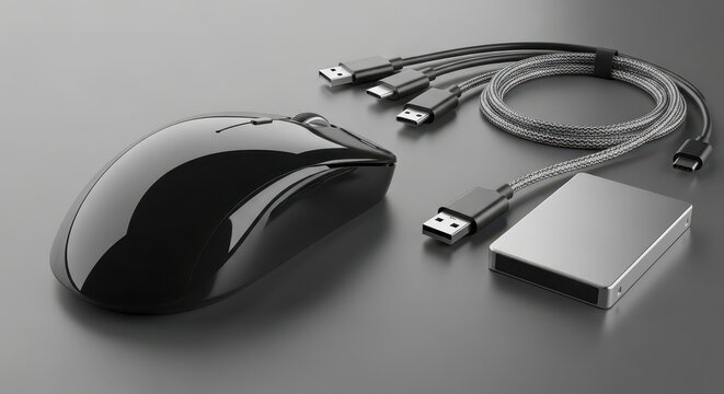 Wireless computer mouse and USB accessories.