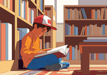A young boy reading a book in a library vector illustration depicting a child absorbed in study surrounded by tall bookshelves 27 © Purnomo Semlirick