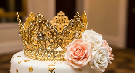 A luxurious white cake topped with a golden crown and elegant peach and white roses