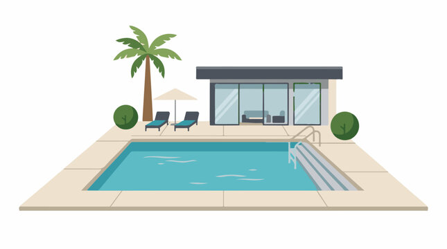 A serene poolside scene with a modern house, palm tree, and lounge chairs