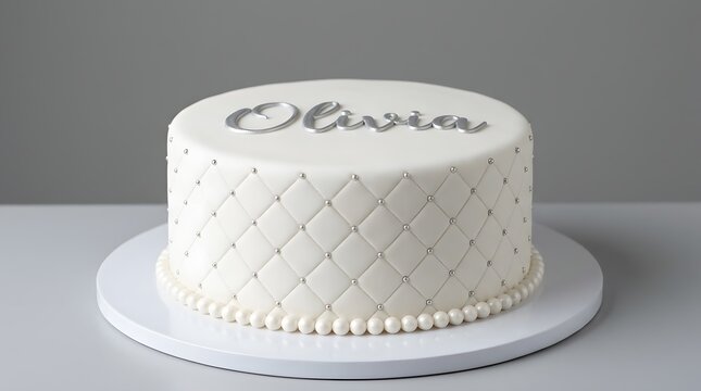 A white cake with quilted texture and silver pearls, topped with the name olivia in silver lettering isolated on white background
