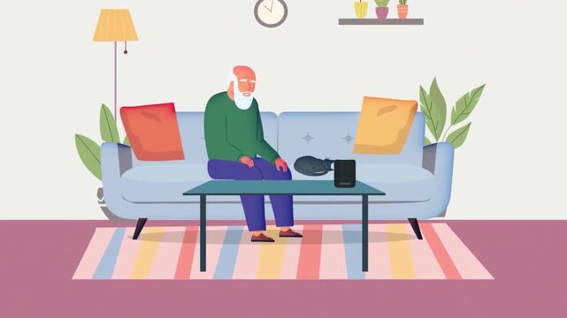 Lonely Elderly Man Sitting on Living Room Sofa, Retirement Solitude or Senior Isolation Concept, 2D Vector Animation