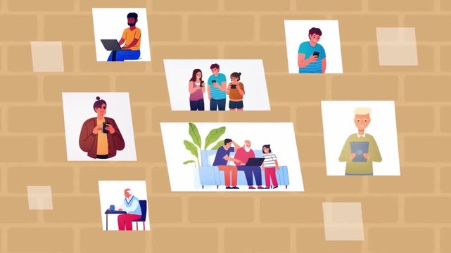 Collage of Family and Friends Photographs Pin on Notice Board, Memories and Nostalgia Concept, 2D Animated Loop