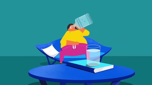 Person Sitting on Couch Drinking Large Glass of Fresh Water, Healthy Hydration and Wellness, 2D Vector Animation