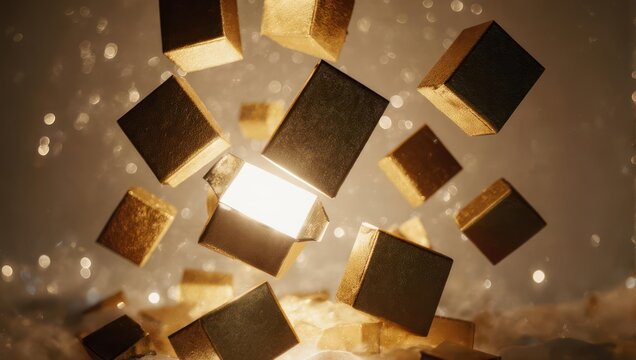 Golden Cubes Floating with a Bright Light Source.