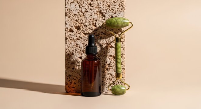 Skincare serum bottle and jade face roller against a textured stone background