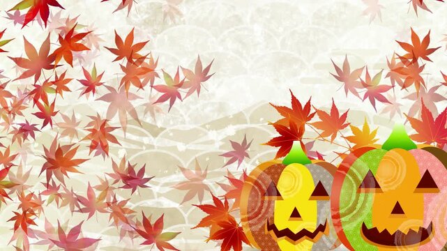 Halloween pumpkins with falling maple leaves 4K