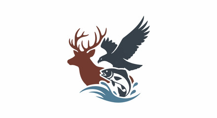 Fototapeta premium A stylized graphic illustration of a deer, eagle, and fish