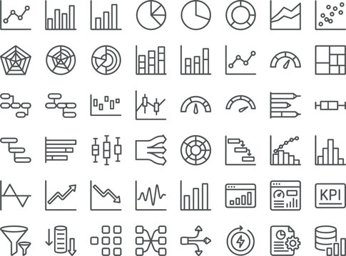 &ldquo;Black and white business data visualization line icons including charts, graphs, dashboards, KPIs, funnels, and database symbols&rdquo;