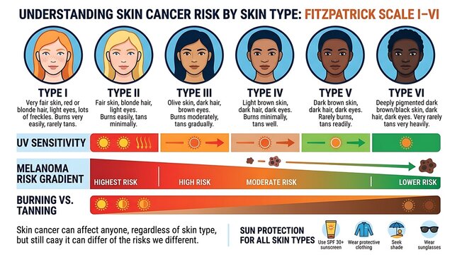 Fitzpatrick scale skin types and melanoma risk infographic