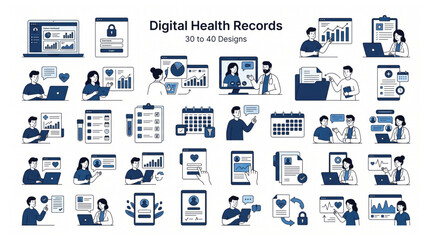 Digital health records and medical data management vector icon set with hospital clinical healthcare management information analysis research diagnosis medicine wellness technology © Shaon