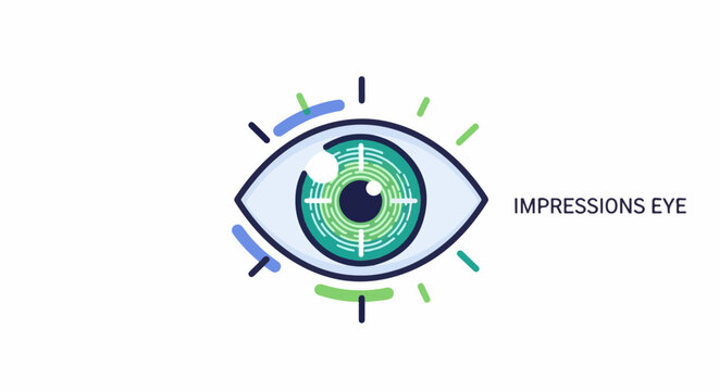 A stylized teal eye with green accents and a fingerprint pattern iris