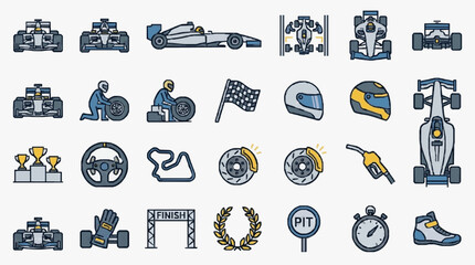 Naklejka premium Clean Minimalist Flat Set of Racing Icons and Formula 1 Elements in Blue Gray and Yellow with high quality professional line art symbols for modern creative design and digital branding projects