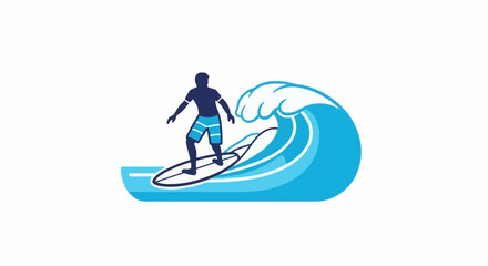 Obraz premium A surfer in blue shorts rides a white surfboard on a large wave