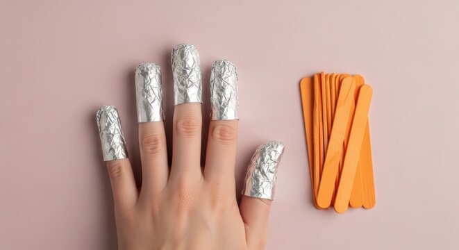 Hand with fingers wrapped in aluminum foil for nail polish removal next to orange wooden cuticle sticks