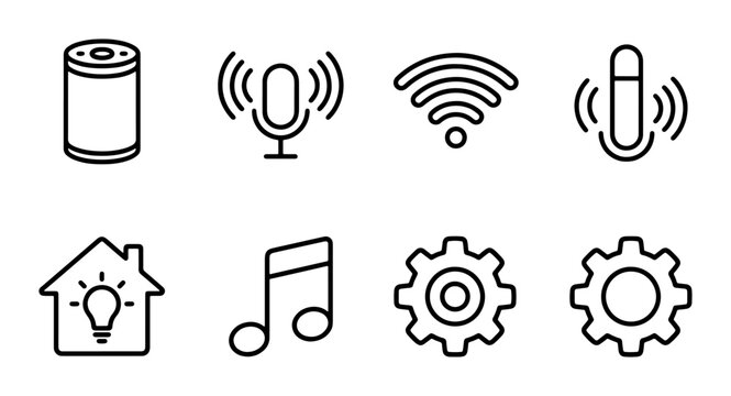 Smart Home Technology Icons: Voice Control, Wi-Fi, Music, Settings, 8 Vector Elements