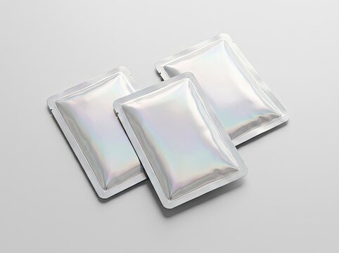 Holographic Pouch Mockup, Product Packaging Design Presentation, Minimalist Studio Setup, Clean Background, Retail Branding Concept