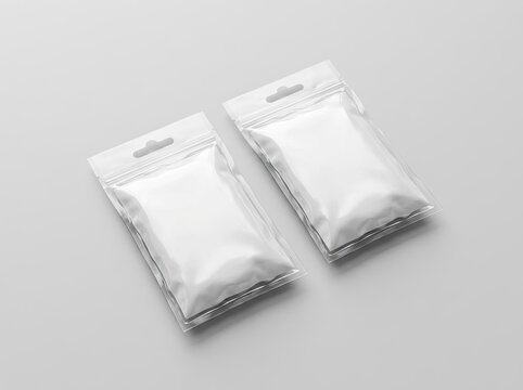 Product Packaging Mockup with Hanging Tab, Blank White Pouches Display, Clean Studio Lighting, Retail Ready Concept