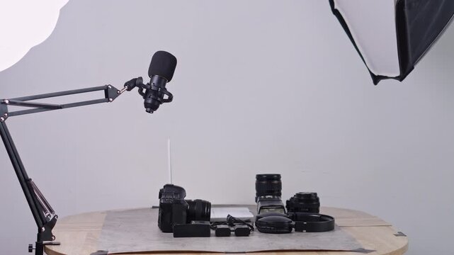 Content creator gear setup with camera, microphone, and lighting for professional video production