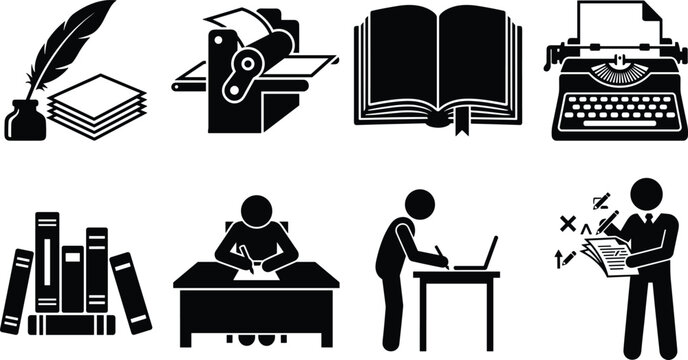 Collection of writing publishing storytelling and literature history icons and silhouettes isolated on white background