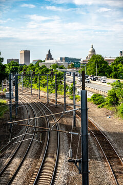 Amtrak Tracks Leading Toward Downtown Providence Skyline