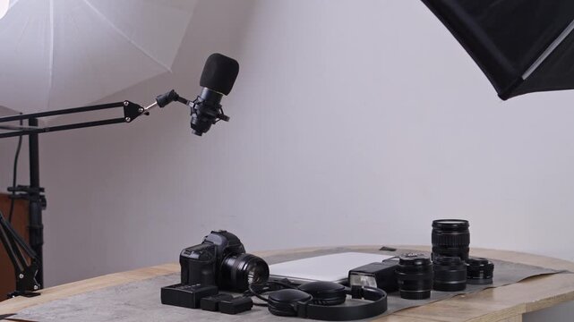 Content creator gear arranged on a table in a bright studio space with softbox lighting