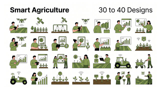 Smart agriculture technology and precision farming vector illustration set with agriculture technology agronomy innovation automation cultivation satellite monitoring environment robotics
