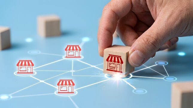 Retail franchise strategy. Hand adding store block to digital network