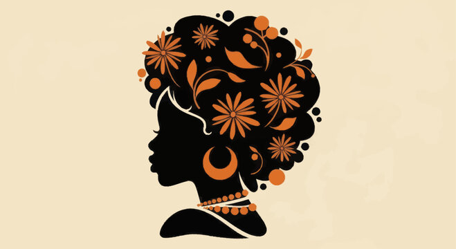 Silhouette of an African woman with floral afro hair and jewelry.
