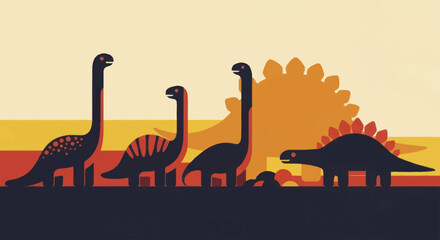 Silhouettes of various dinosaurs in a prehistoric landscape. © Faiz