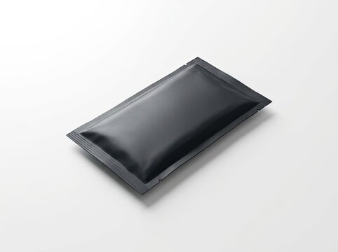 Black Sachet Mockup, Flat Lay Product Design Presentation, Empty Packaging Template, Clean Studio Background, Branding Opportunity Concept