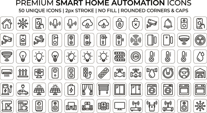&ldquo;Black and white line vector icons of smart home automation technology devices security energy appliances connectivity for modern design projects&rdquo;