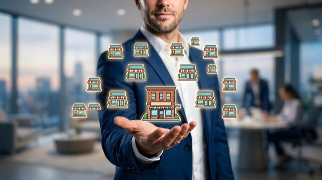 Businessman holding glowing retail store network for franchise expansion