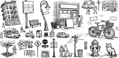 Obraz premium Hand Drawn Urban Street Elements Collection Featuring Buildings Vehicles Signage Infrastructure and Neighborhood City Life Sketch Illustrations
