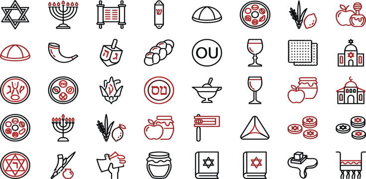 Hanukkah and Jewish Tradition Icon Set Featuring Menorah Dreidel Torah Star of David and Religious Holiday Symbols