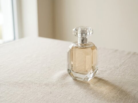 Luxury perfume bottle mockup on textured fabric, elegant product display, clean white background, studio lighting, advertising
